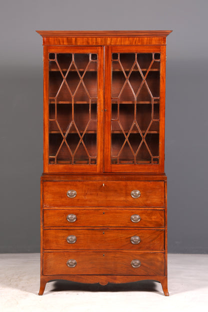 Magnifique secrétaire anglais à abattant avec partie supérieure, secrétaire ancien, bibliothèque vitrine en acajou, meuble de bureau, Royaume-Uni
