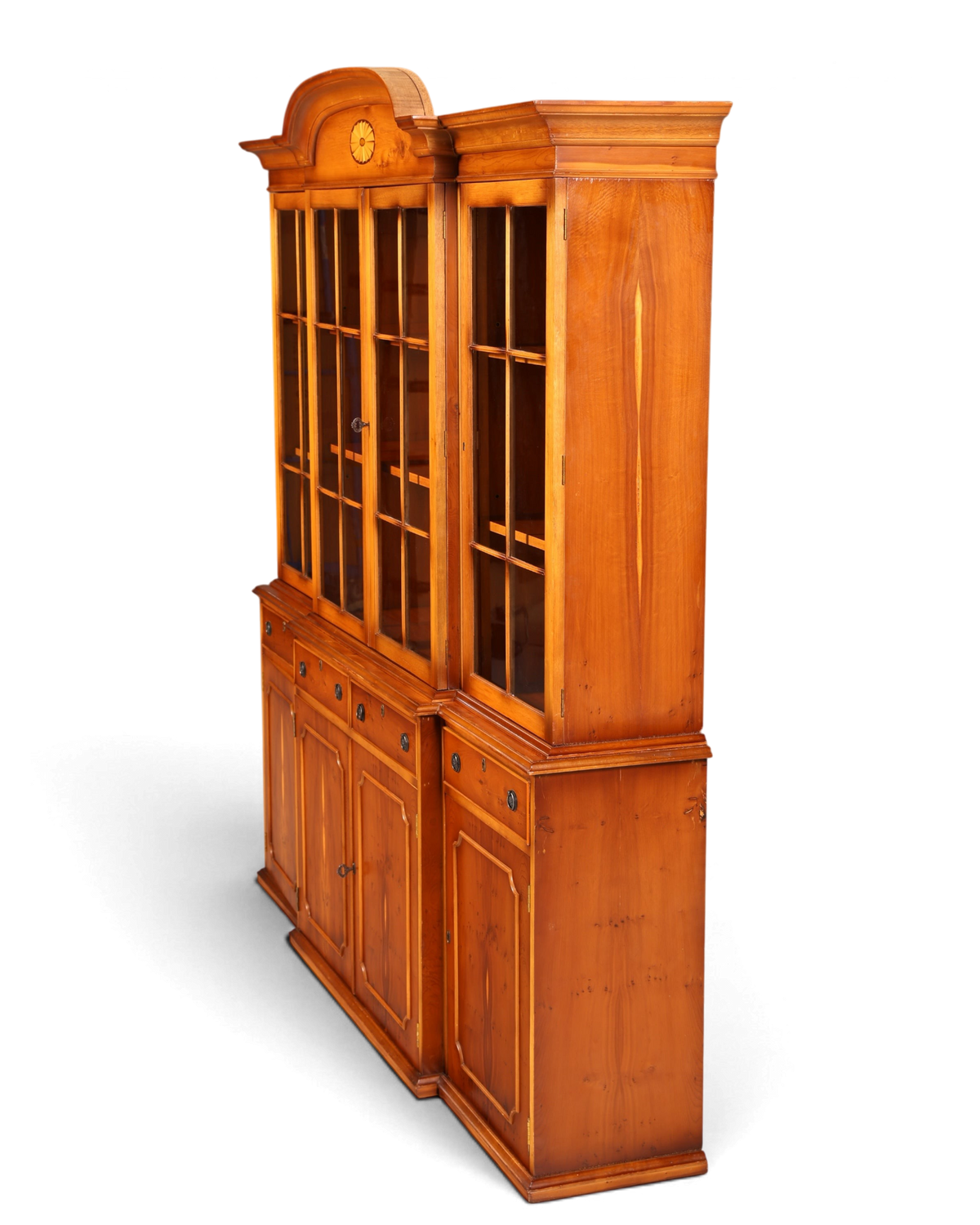 Hauptstadt Möblerei englische Vitrine aus Eibenholz mit Glasfront, Schubladen und dekorativem Intarsienmedaillon