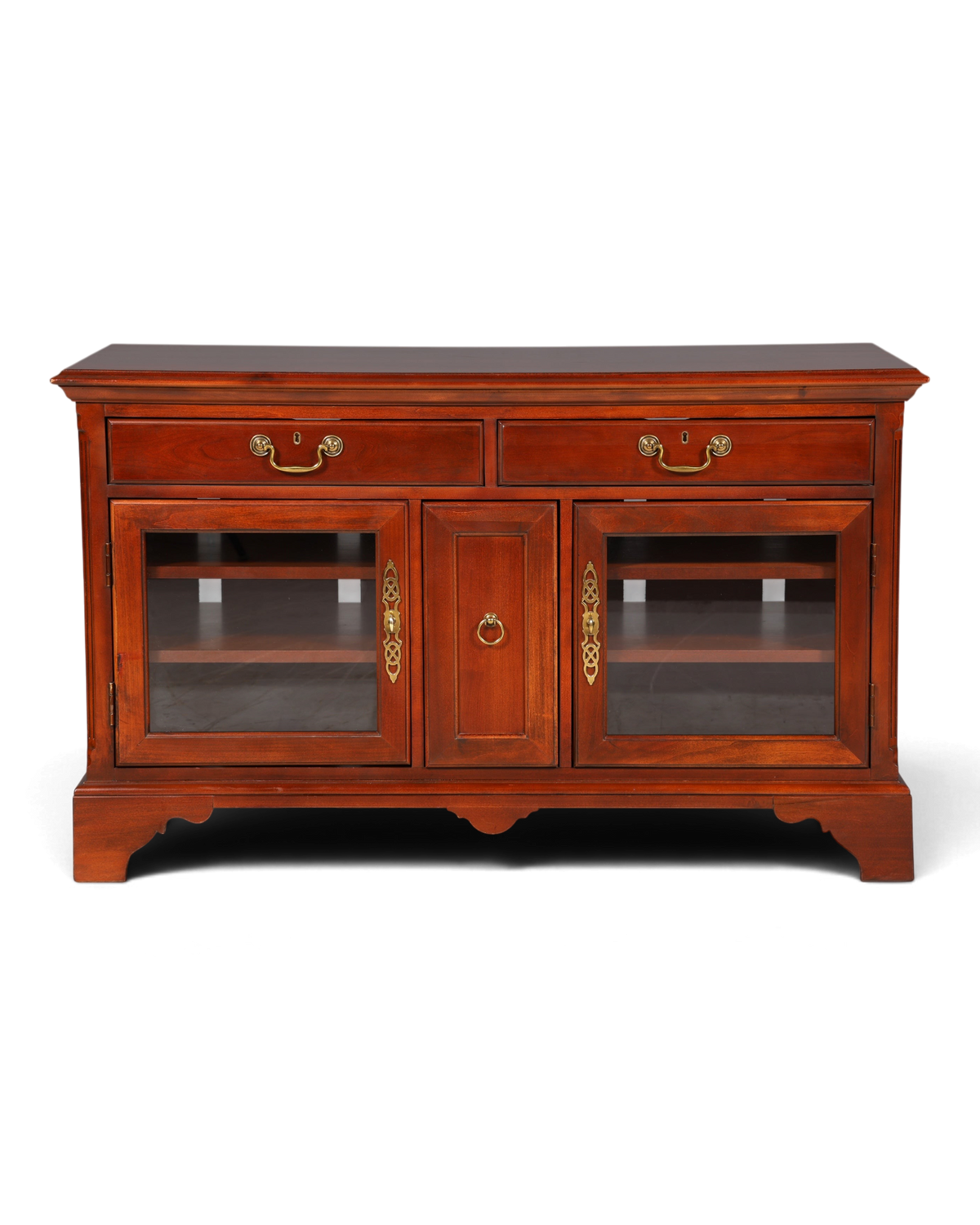 Hauptstadt Möblerei H867 Sideboard aus dunklem Holz mit zwei Schubladen, Glastüren und dekorativen Messingbeschlägen