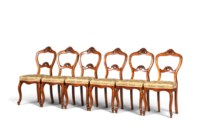 Hauptstadt Möblerei 6er-Set antike Louis Philippe Biedermeier Stühle aus Holz mit gemustertem Polsterbezug