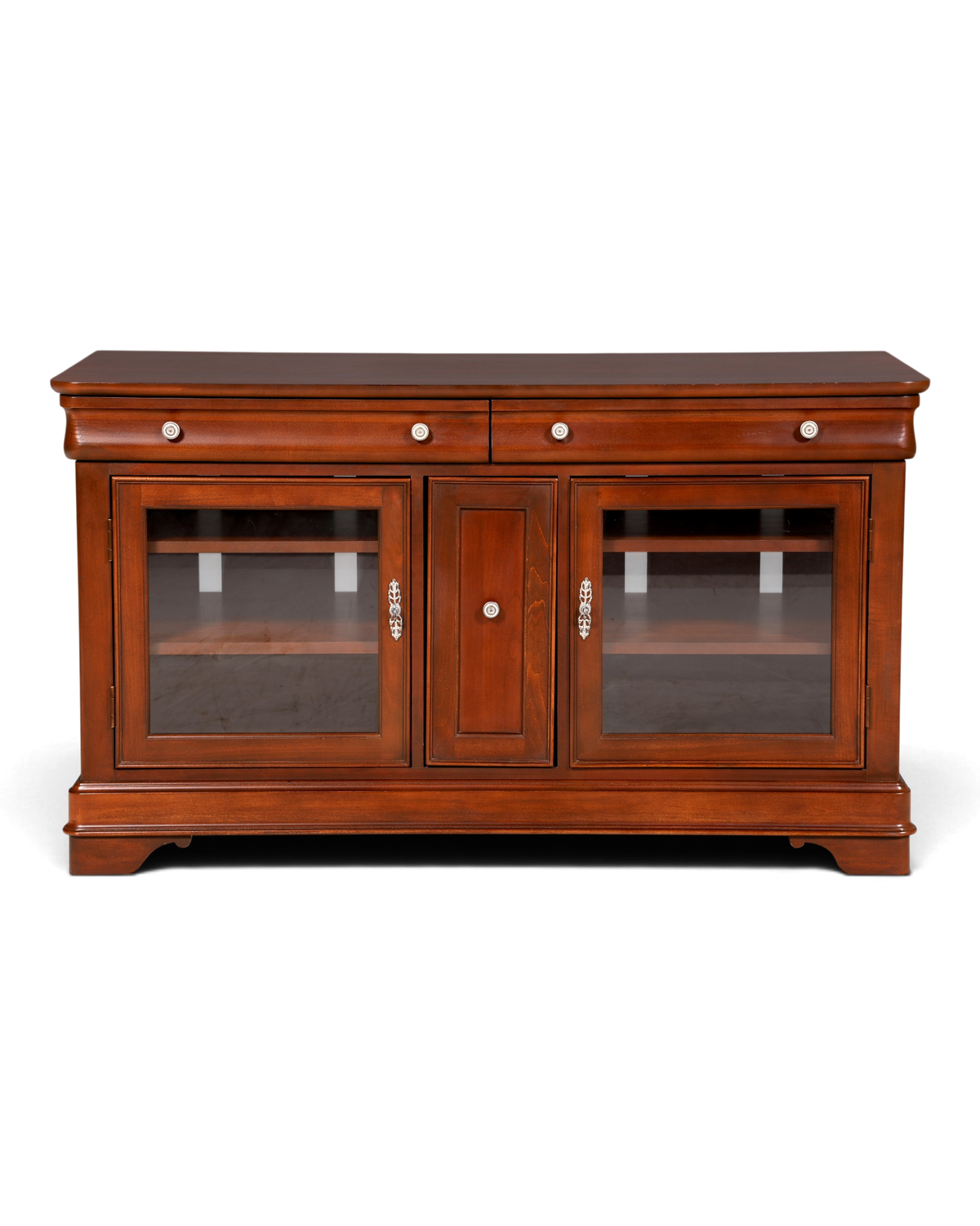 Hauptstadt Möblerei H887 Sideboard aus dunkelbraunem Holz mit zwei Glastüren, einer Mitteltür und zwei Schubladen.