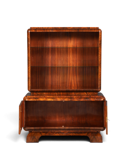 Edle Art Deco Vitrine Nussbaum Vitrine massiv Holz Antik Schrank Regal Vitrinenschrank