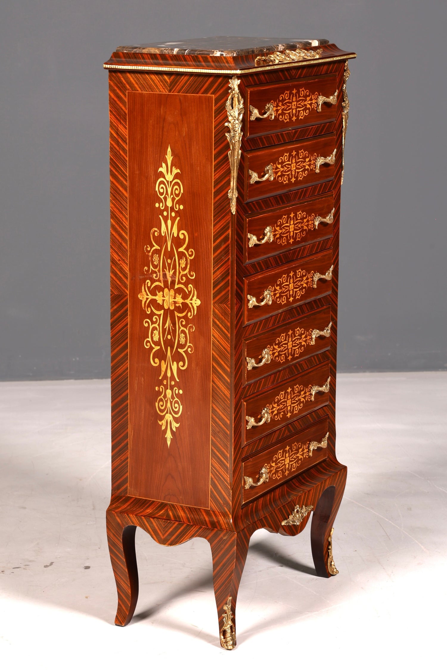 Magnifique buffet haut de style baroque Louis XV, marbre, vertiko, commode marquetée