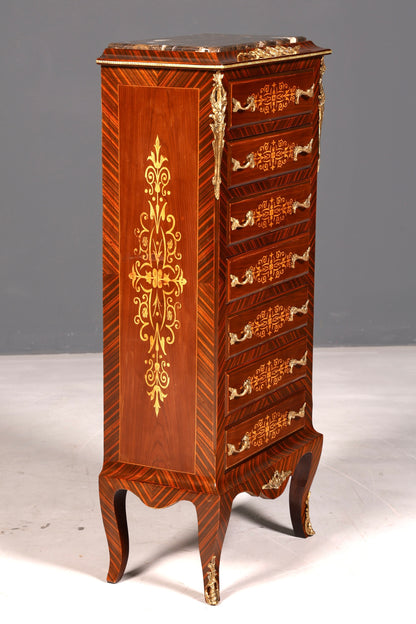 Magnifique buffet haut de style baroque Louis XV, marbre, vertiko, commode marquetée