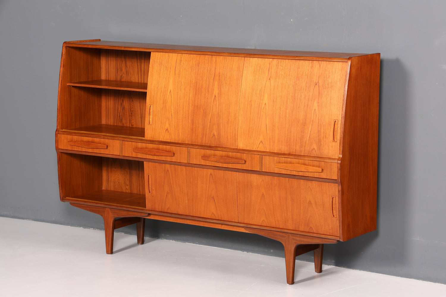 Magnifique buffet haut en teck du milieu du siècle, meuble original PAM Viby J., commode de bureau, meuble bar, années 1960
