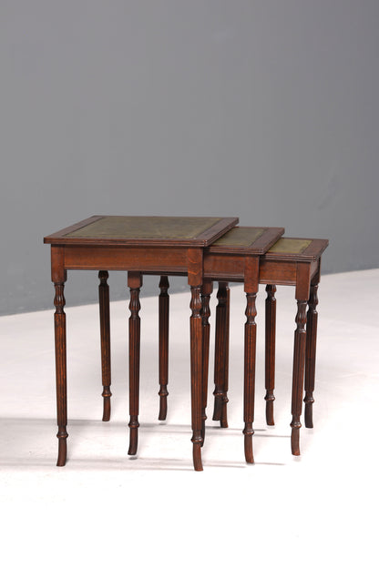 Filigranes Englisches Tisch Set Couchtisch Englisch Antik Stil 3er Satz echt Lederauflage Ablagetisch Holz Beistelltisch