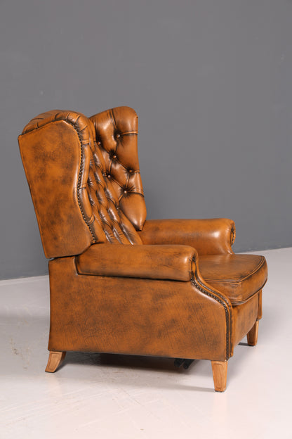 Fauteuil à oreilles Chesterfield original en cuir véritable, fauteuil club anglais en cuir, fauteuil inclinable en cuir souple, style antique vintage