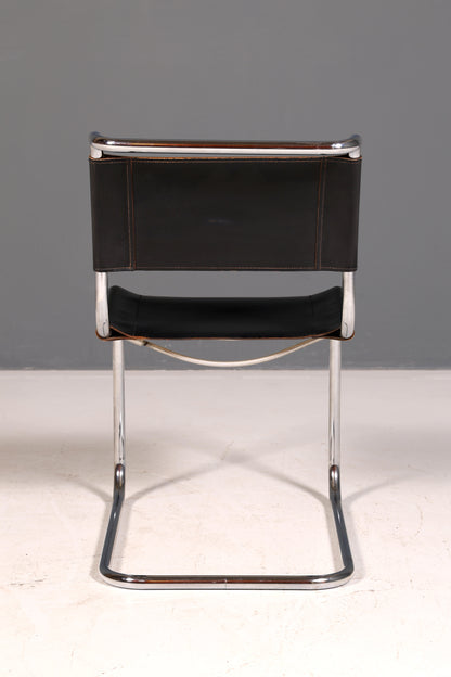 Edler Original Thonet Freischwinger Stuhl Chrom Leder Schwarz Bauhaus Designklassiker Kragstuhl Esszimmer Stuhl Vintage 2 von 2