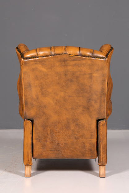 Fauteuil à oreilles Chesterfield original en cuir véritable, fauteuil club anglais en cuir, fauteuil inclinable en cuir souple, style antique vintage