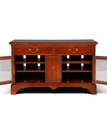Hauptstadt Möblerei Sideboard aus dunklem Holz mit zwei Schubladen, Glastüren und Messinggriffen