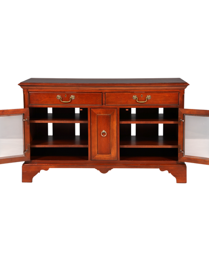 Hauptstadt Möblerei Sideboard aus dunklem Holz mit zwei Schubladen, Glasfronten und Messingbeschlägen