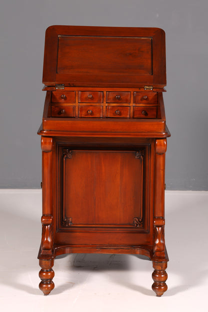 Magnifique secrétaire anglais Davenport, bureau avec sous-main en cuir, commode, antique et vintage