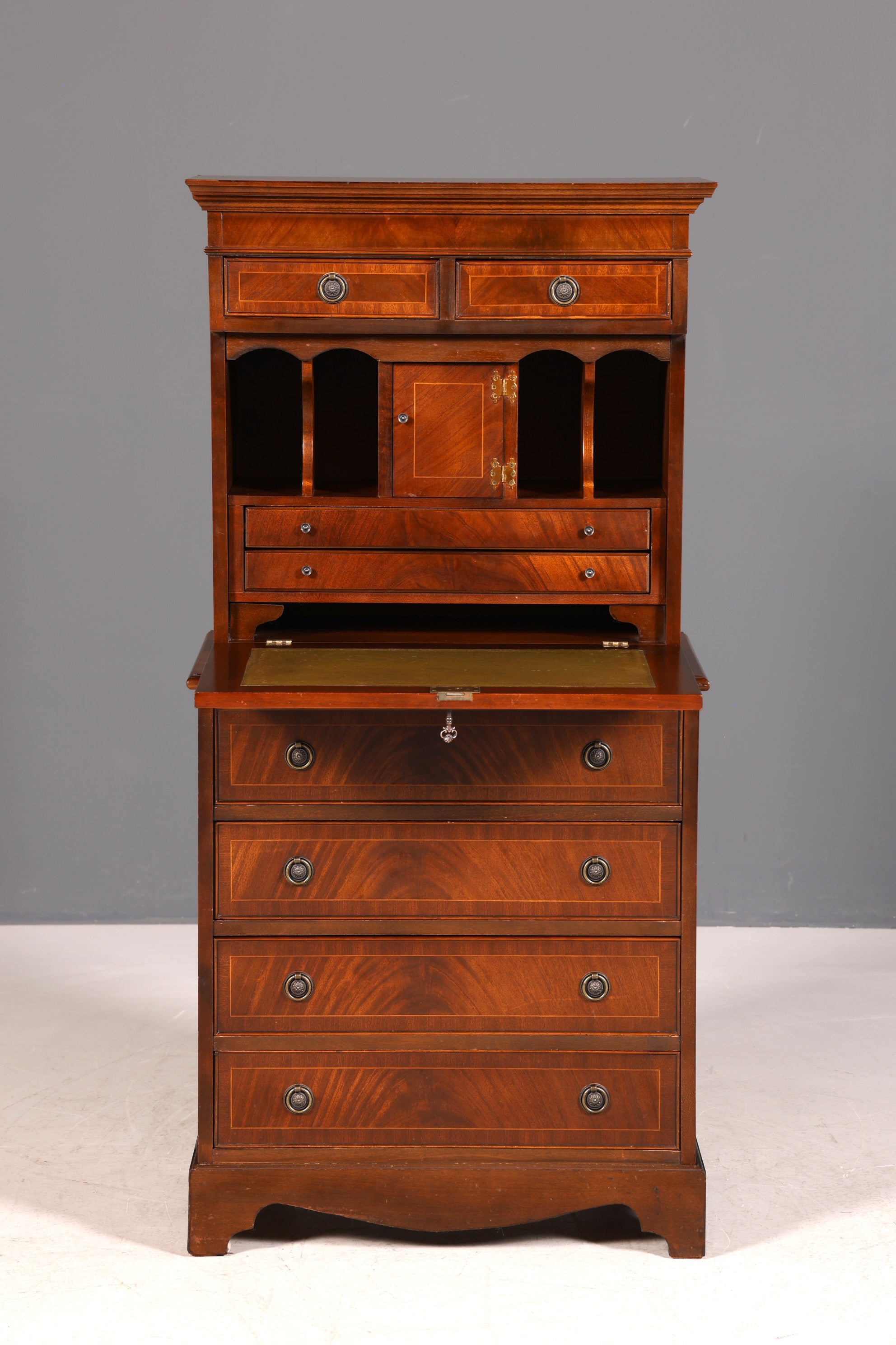 G026 Finish cm Wunderschöner Englischer Sekretär Büro Aufsatzsekretär Antik 60S Vitrinen Schrank UK