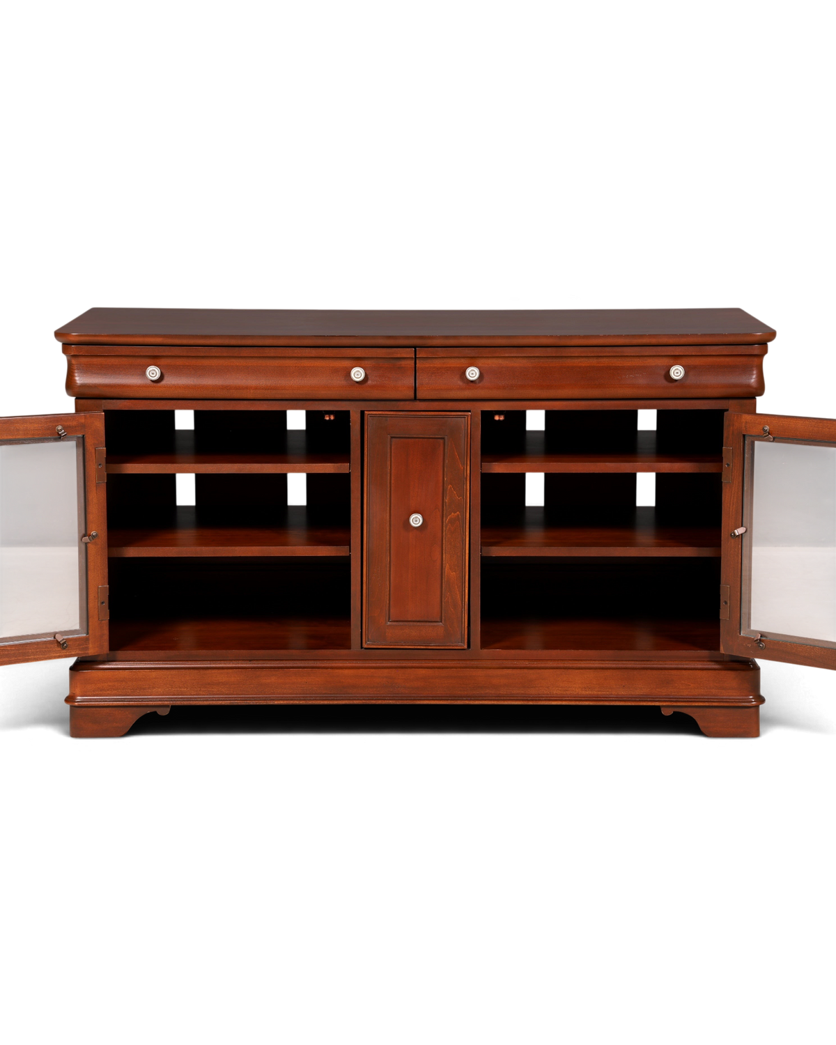 Hauptstadt Möblerei H887 Sideboard aus dunklem Holz mit zwei Schubladen, Glastüren und offenen Regalfächern