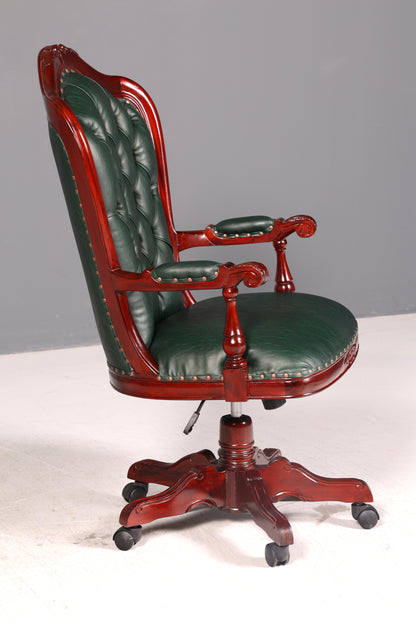 Edler Chesterfield Chefsessel Bürostuhl Grün Mahagoni Schreibtischstuhl Drehstuhl Englisch Vintage