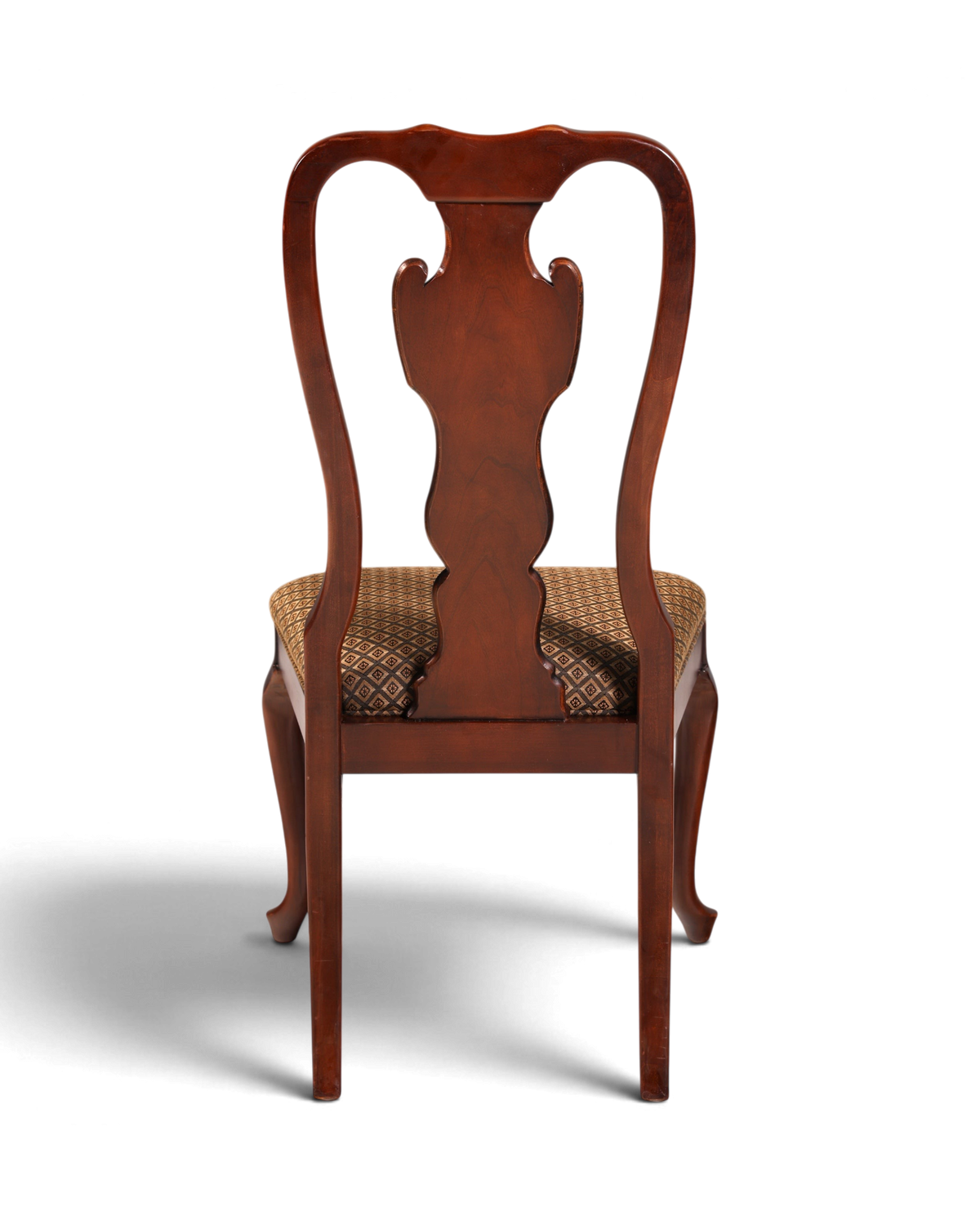 Hauptstadt Möblerei Drexel Heritage Chippendale Stuhl aus dunklem Holz mit gemustertem Sitzpolster, Rückansicht