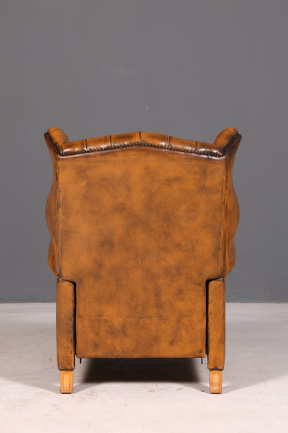 Magnifique fauteuil à oreilles Chesterfield original en cuir véritable anglais, fauteuil de maître, fauteuil relax inclinable, vintage
