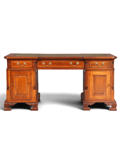 Hauptstadt Möblerei englischer Schreibtisch aus Eibenholz mit grüner Lederauflage und Schubladen im Vintage-Stil