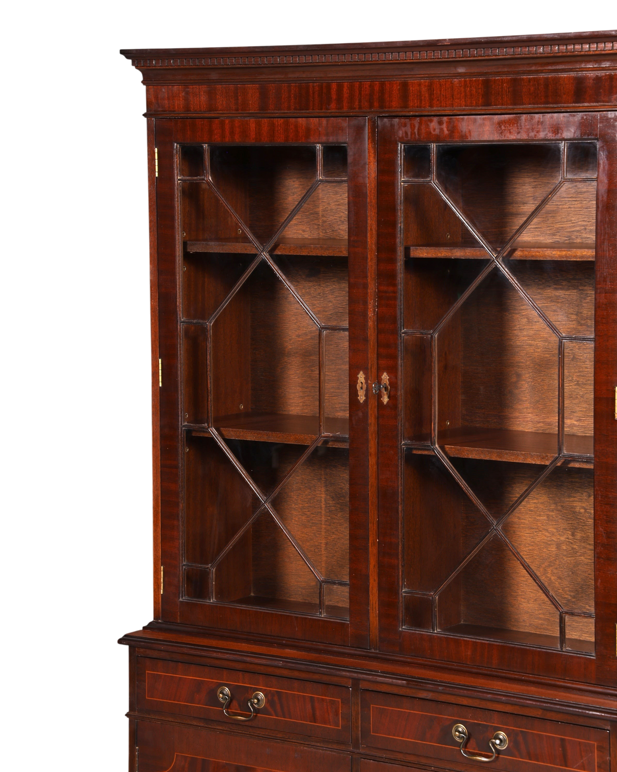 Hauptstadt Möblerei englische Mahagoni Vitrine aus den 60ern mit verglasten Türen und dekorativem Gittermuster