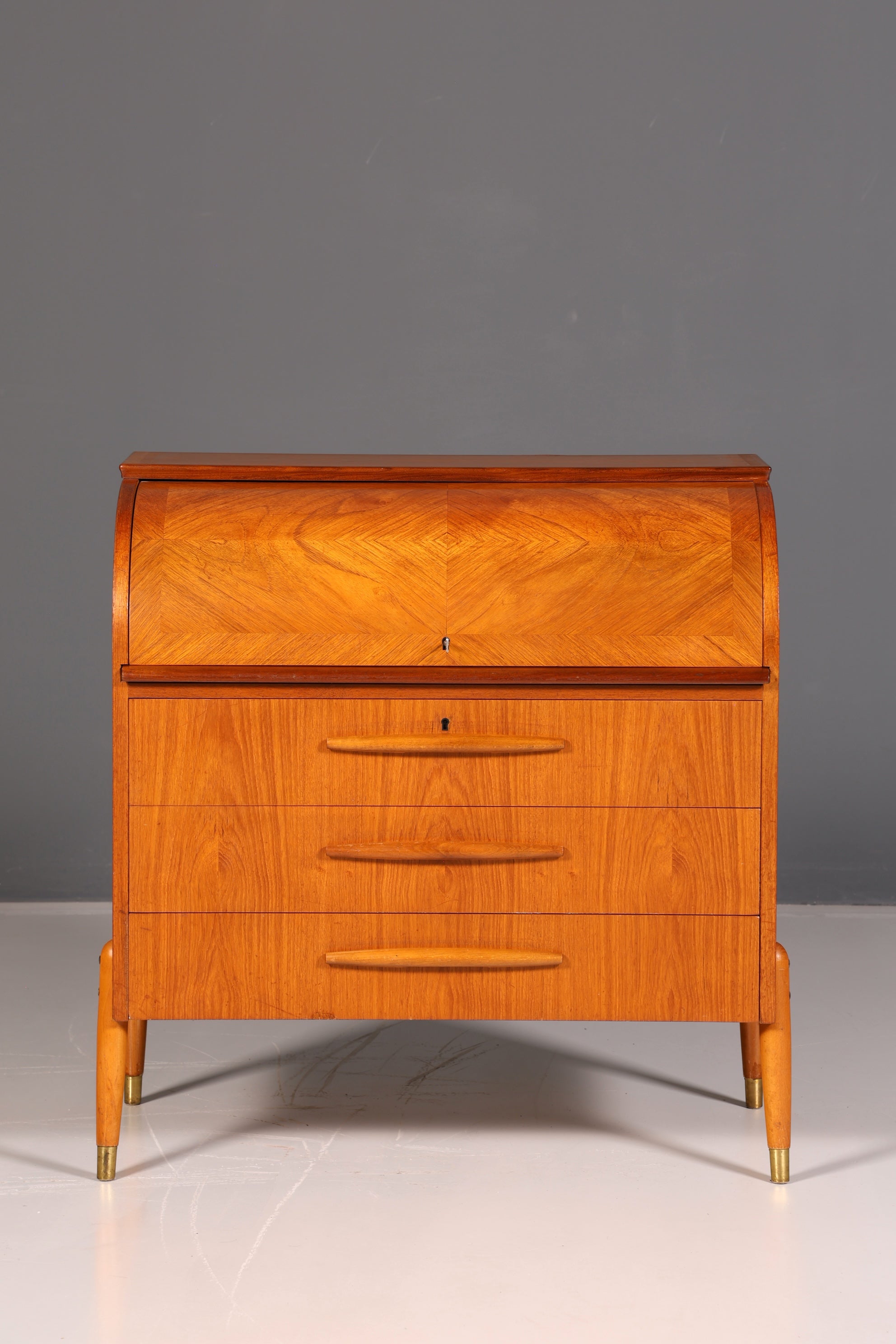 Magnifique secrétaire à rideau Mid-Century, commode de bureau, armoire vintage des années 60 en bois