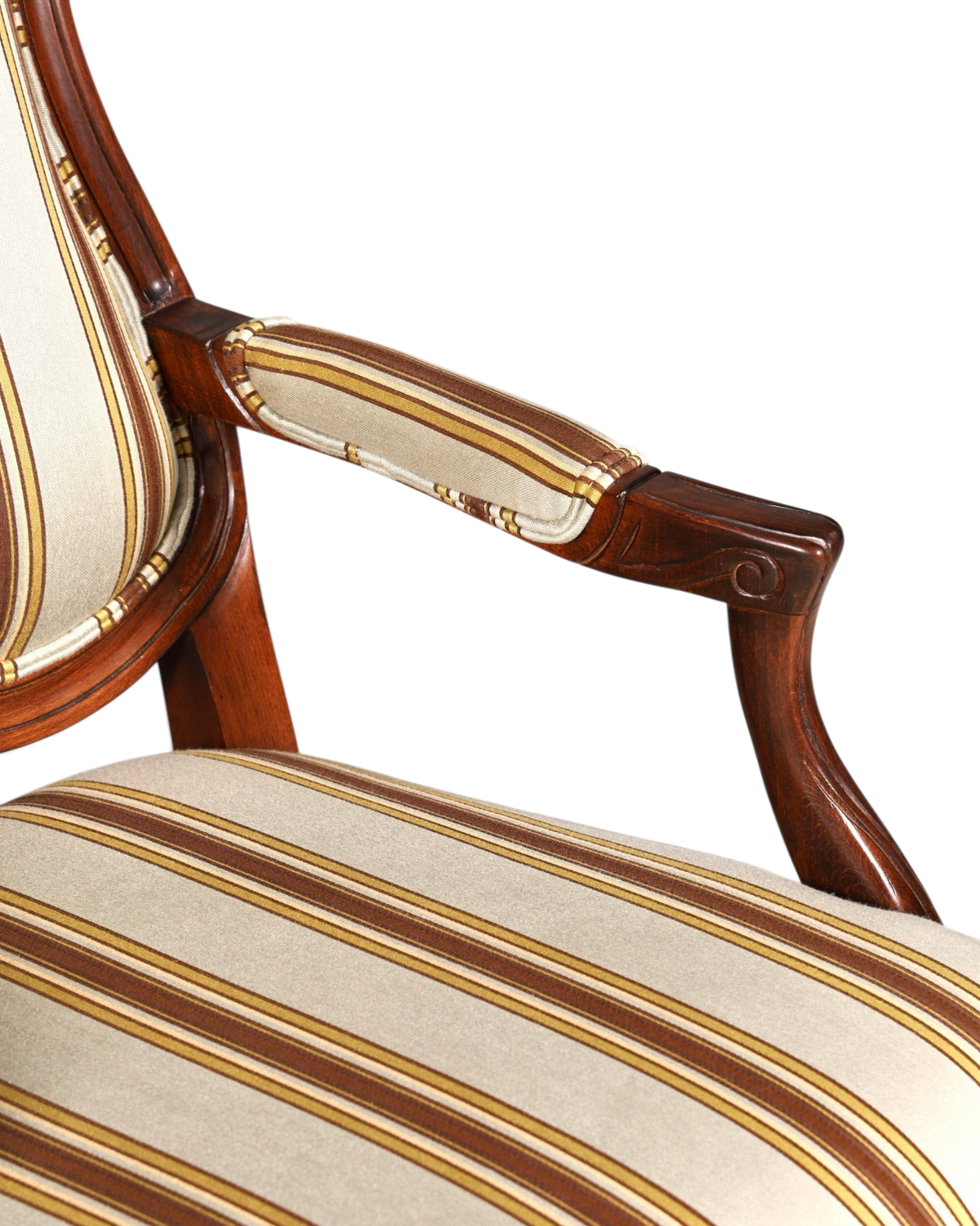 Hauptstadt Möblerei Drexel Heritage Monica Chair Armlehnsessel mit gestreiftem Stoffbezug und dunklem Holzrahmen