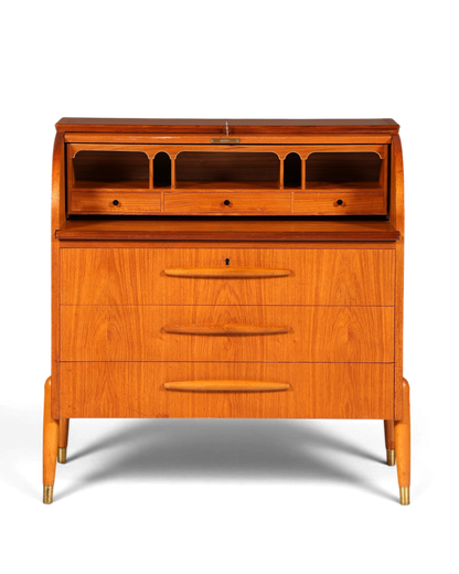 Magnifique secrétaire à rideau Mid-Century, commode de bureau, armoire vintage des années 60 en bois