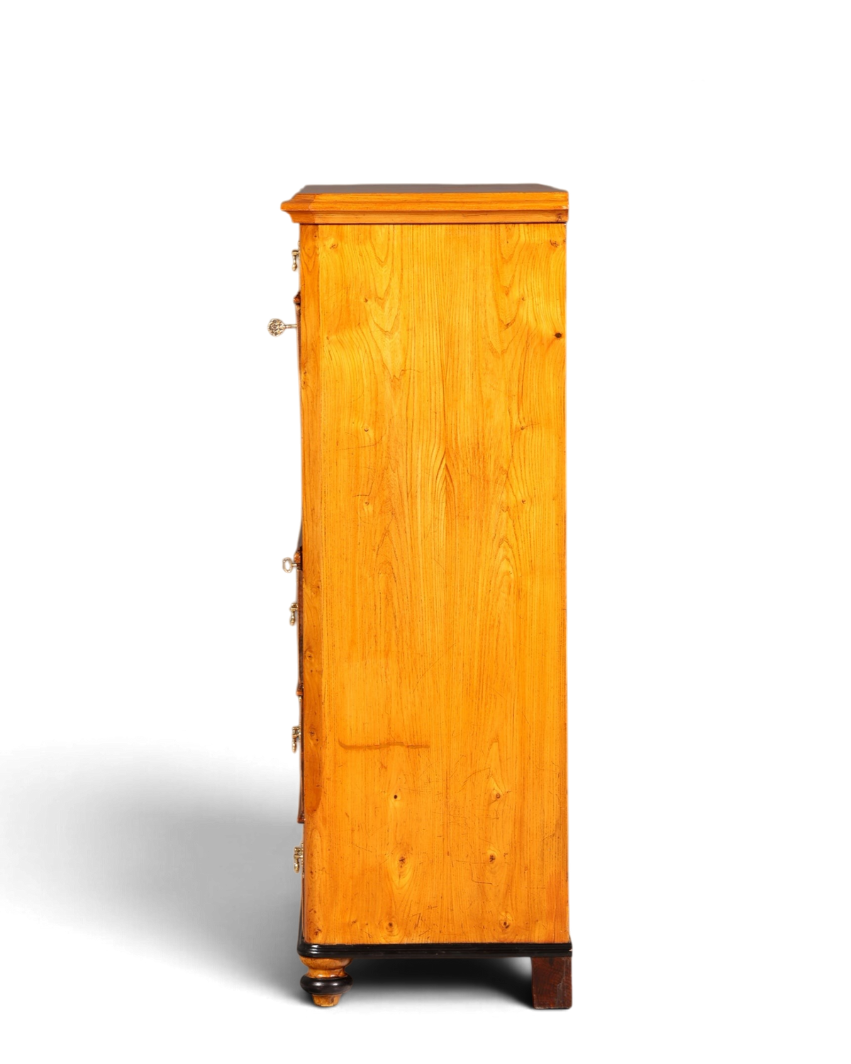 Hauptstadt Möblerei antiker Biedermeier Sekretär aus Echtholz mit schöner Maserung und Messingbeschlägen, Seitenansicht