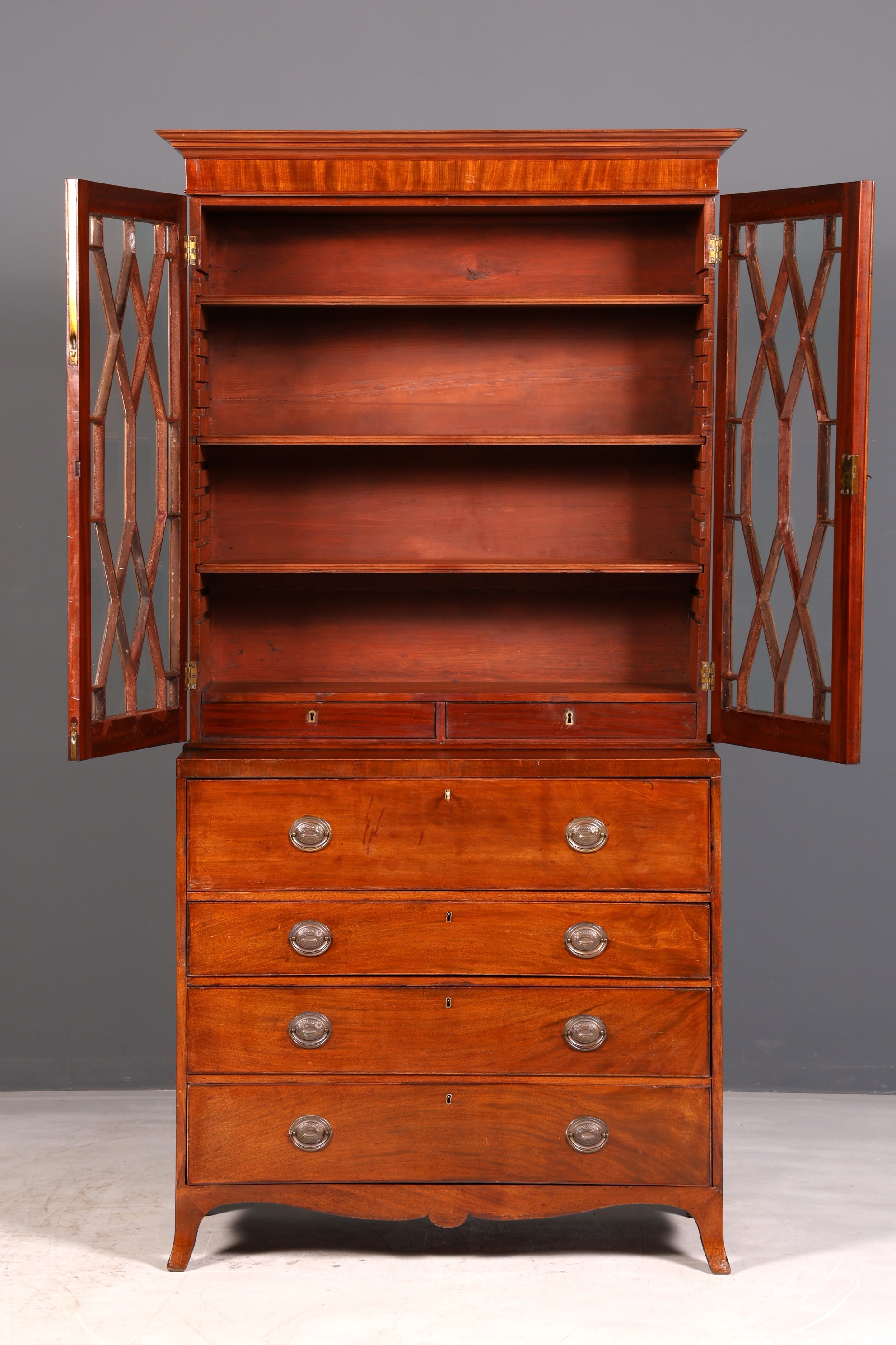 Magnifique secrétaire anglais à abattant avec partie supérieure, secrétaire ancien, bibliothèque vitrine en acajou, meuble de bureau, Royaume-Uni