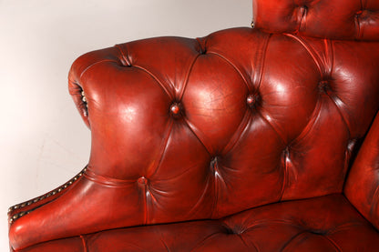 Fauteuil à oreilles Chesterfield original avec repose-pieds en cuir véritable, fauteuil anglais pour homme, fauteuil en cuir, antique et vintage