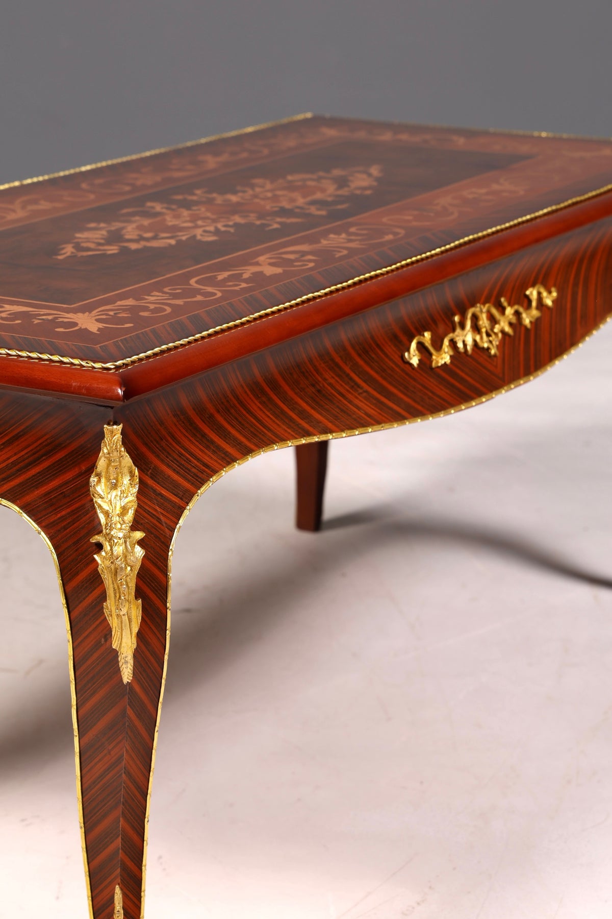 Table basse de style baroque au design raffiné, incrustations en laiton antique, table de salon avec tablette