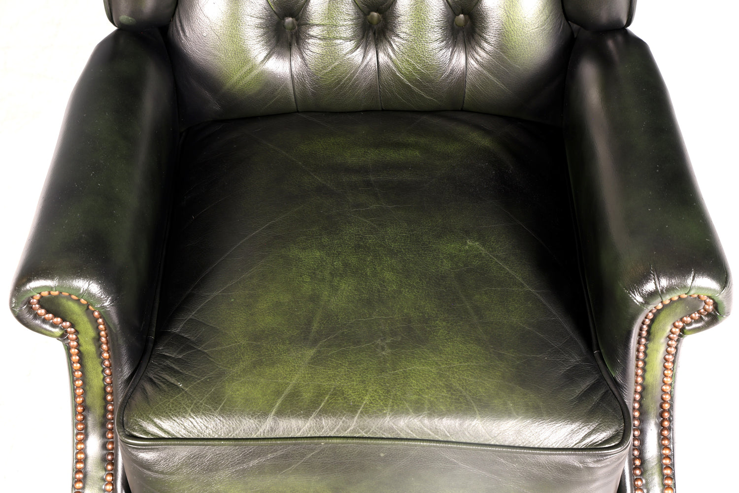 Original Chesterfield Queen Anne Ohrenbackensessel Grün Englisch Leder Herrensessel UK Armlehnsessel Relaxsessel