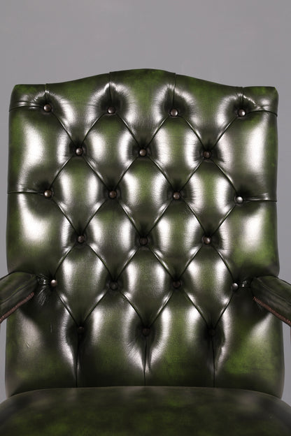 Wunderschöner Original Chesterfield Bürostuhl Grün Echt Leder Englisch Herrensessel Armlehnstuhl Drehsessel UK