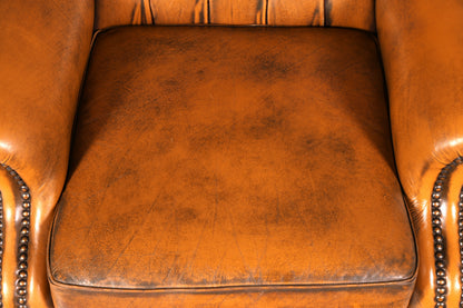 Magnifique fauteuil à oreilles Chesterfield original en cuir véritable anglais, fauteuil de maître, fauteuil relax inclinable, vintage