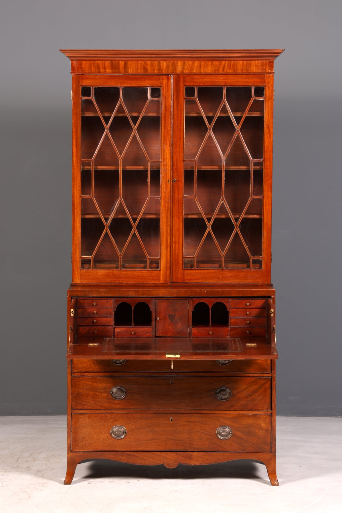 Magnifique secrétaire anglais à abattant avec partie supérieure, secrétaire ancien, bibliothèque vitrine en acajou, meuble de bureau, Royaume-Uni