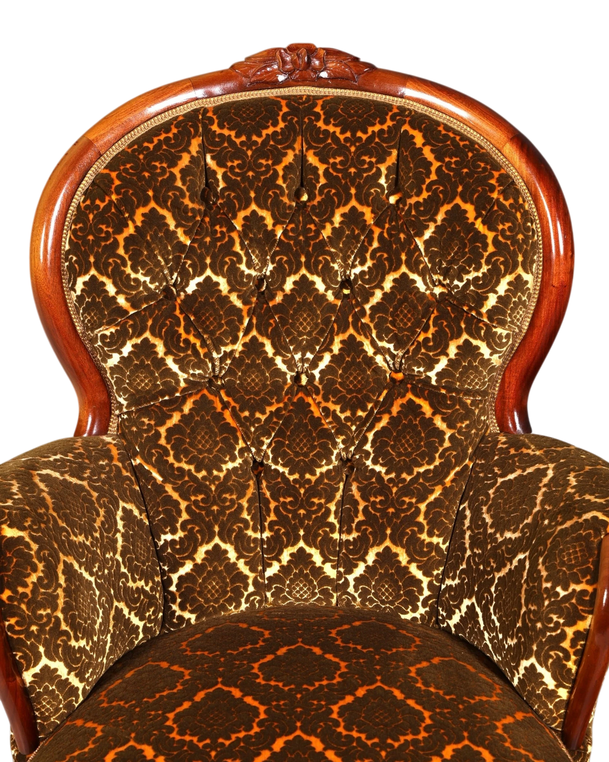 Hauptstadt Möblerei Chippendale Armlehnsessel im Barock Stil mit braunem gemustertem Samtbezug und Holzrahmen