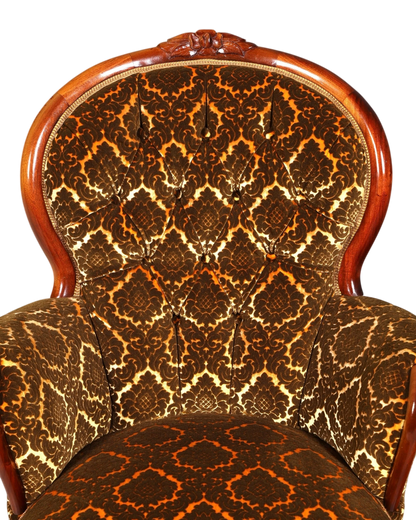 Hauptstadt Möblerei Chippendale Armlehnsessel im Barock Stil mit braunem gemustertem Samtbezug und Holzrahmen