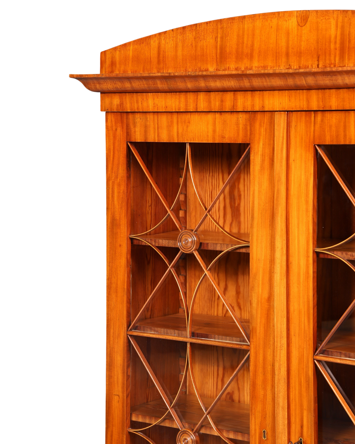 Hauptstadt Möblerei Biedermeier Vitrine aus Massivholz mit Sprossentüren, Rosetten-Verzierungen und warmer Maserung