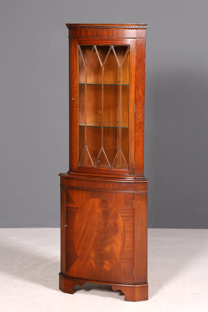 G028 Finish cm Wunderschöne Englische Eckvitrine Mahagoni Antik 60s echt Holz Schrank Eckschrank Glasvitrine