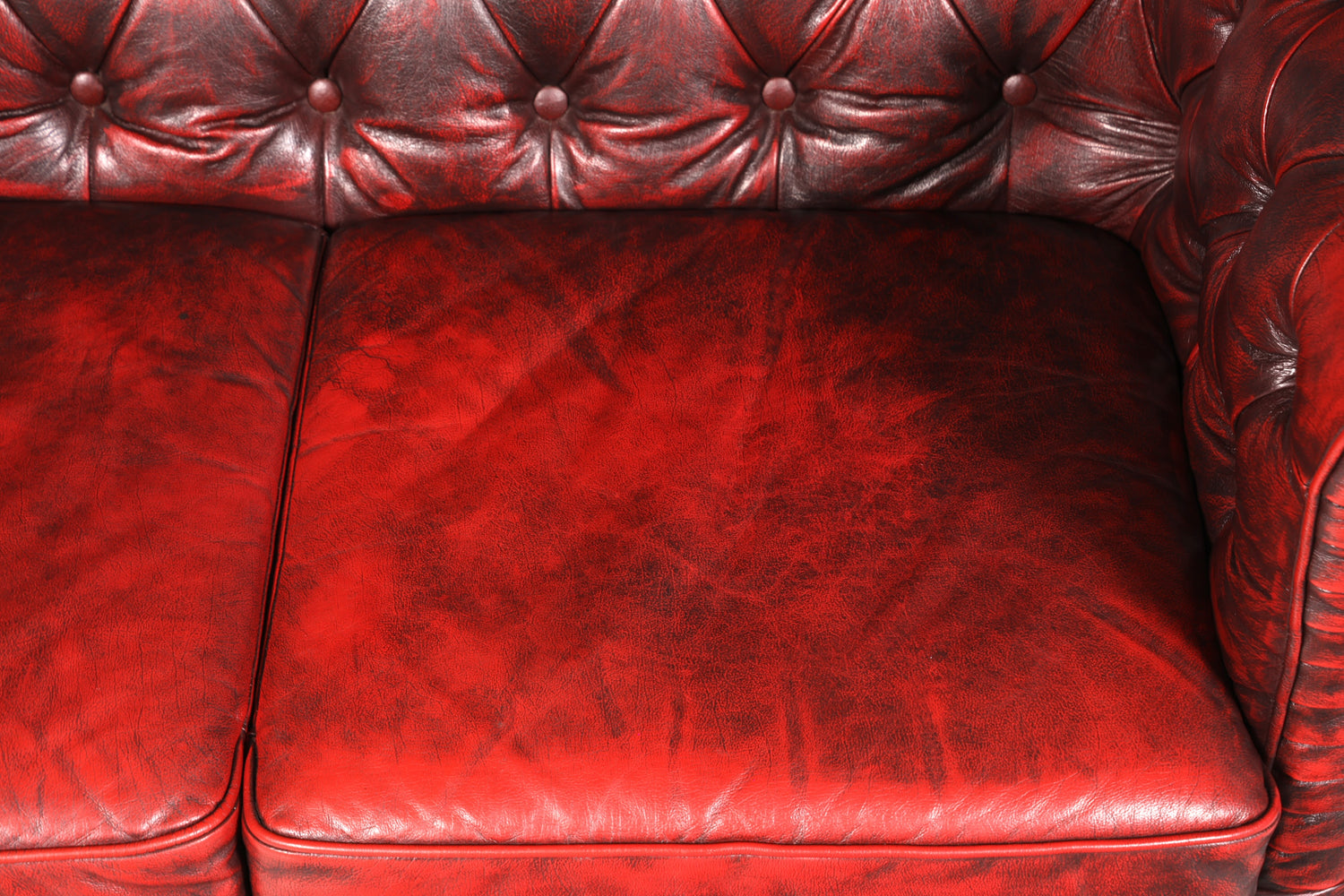 Magnifique canapé Chesterfield original 2 places, cuir anglais bordeaux, 1 sur 2