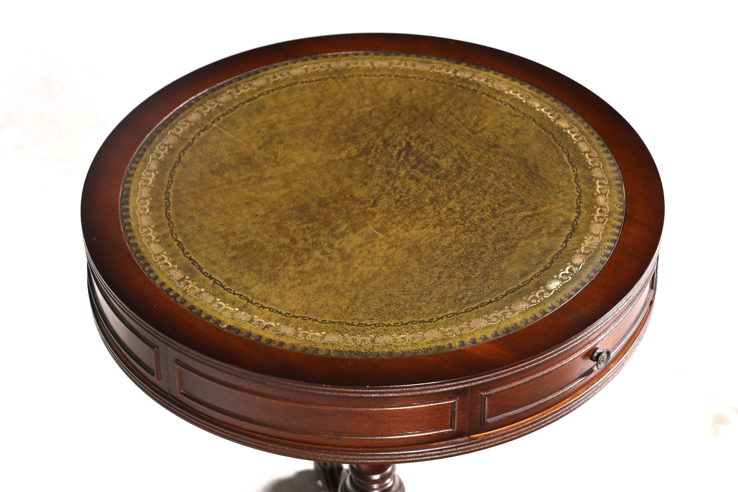 Edler Englischer Trommeltisch Mahagoni Beistelltisch Drum Table mit grüner Lederauflage Antik Vintage
