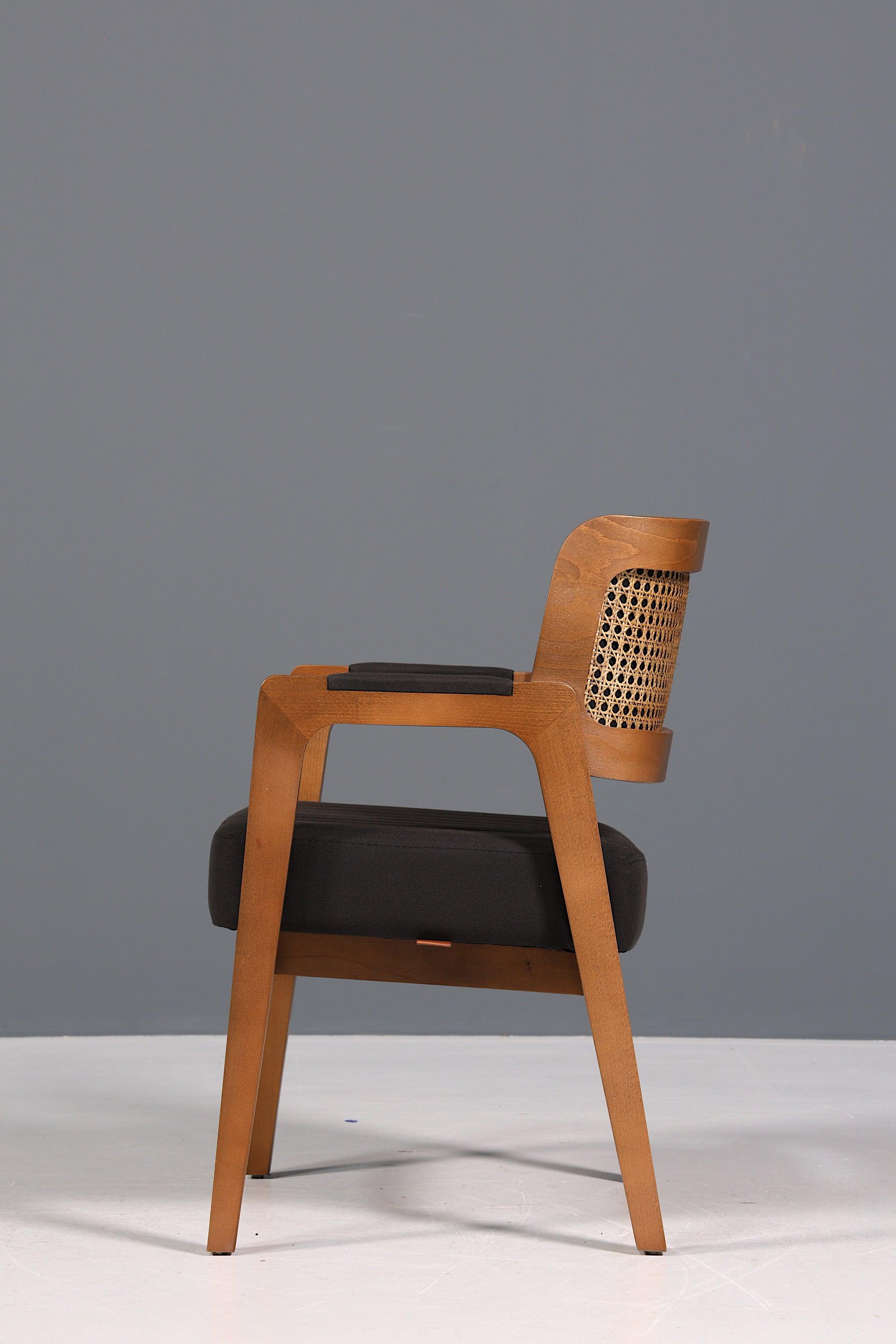 Edler Armlehnstuhl "LIMA" Esszimmerstuhl mit Korbgeflecht Schwarz Stoff Polsterstuhl Küchenstuhl