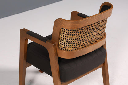 Edler Armlehnstuhl "LIMA" Esszimmerstuhl mit Korbgeflecht Schwarz Stoff Polsterstuhl Küchenstuhl