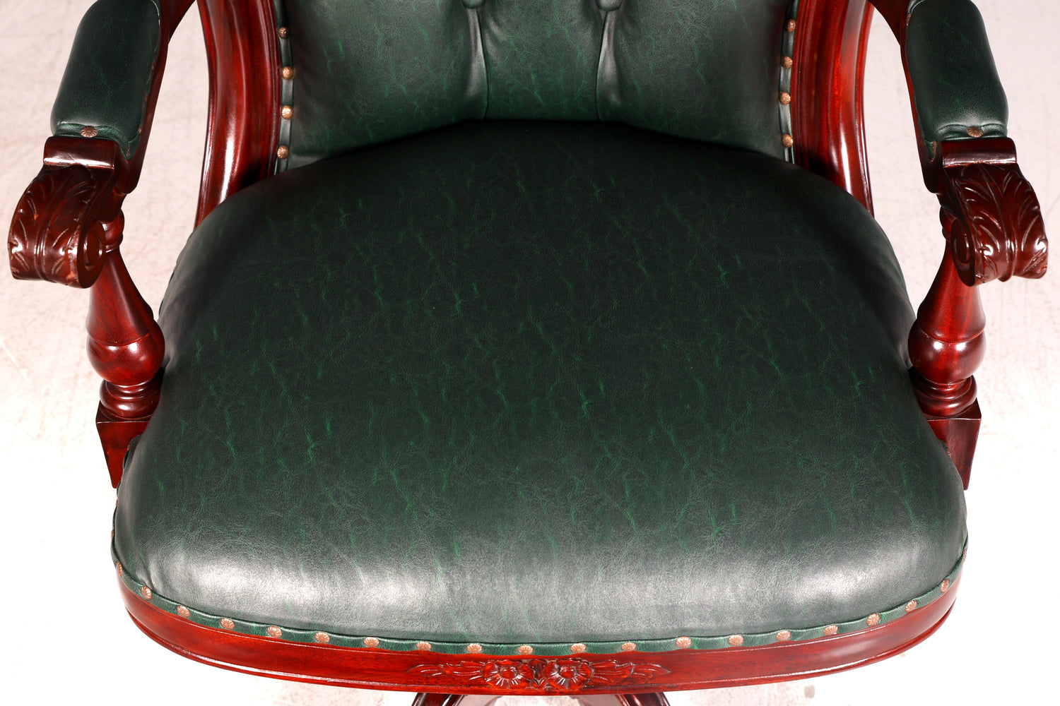 Edler Chesterfield Chefsessel Bürostuhl Grün Mahagoni Schreibtischstuhl Drehstuhl Englisch Vintage