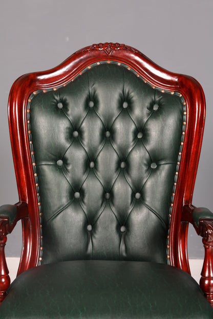 Edler Chesterfield Chefsessel Bürostuhl Grün Mahagoni Schreibtischstuhl Drehstuhl Englisch Vintage