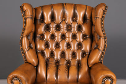 Fauteuil à oreilles Chesterfield original en cuir véritable, fauteuil club anglais en cuir, fauteuil inclinable en cuir souple, style antique vintage