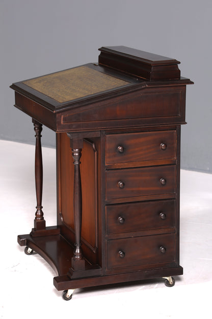 Magnifique bureau anglais Davenport, secrétaire avec plateau en cuir et commode.