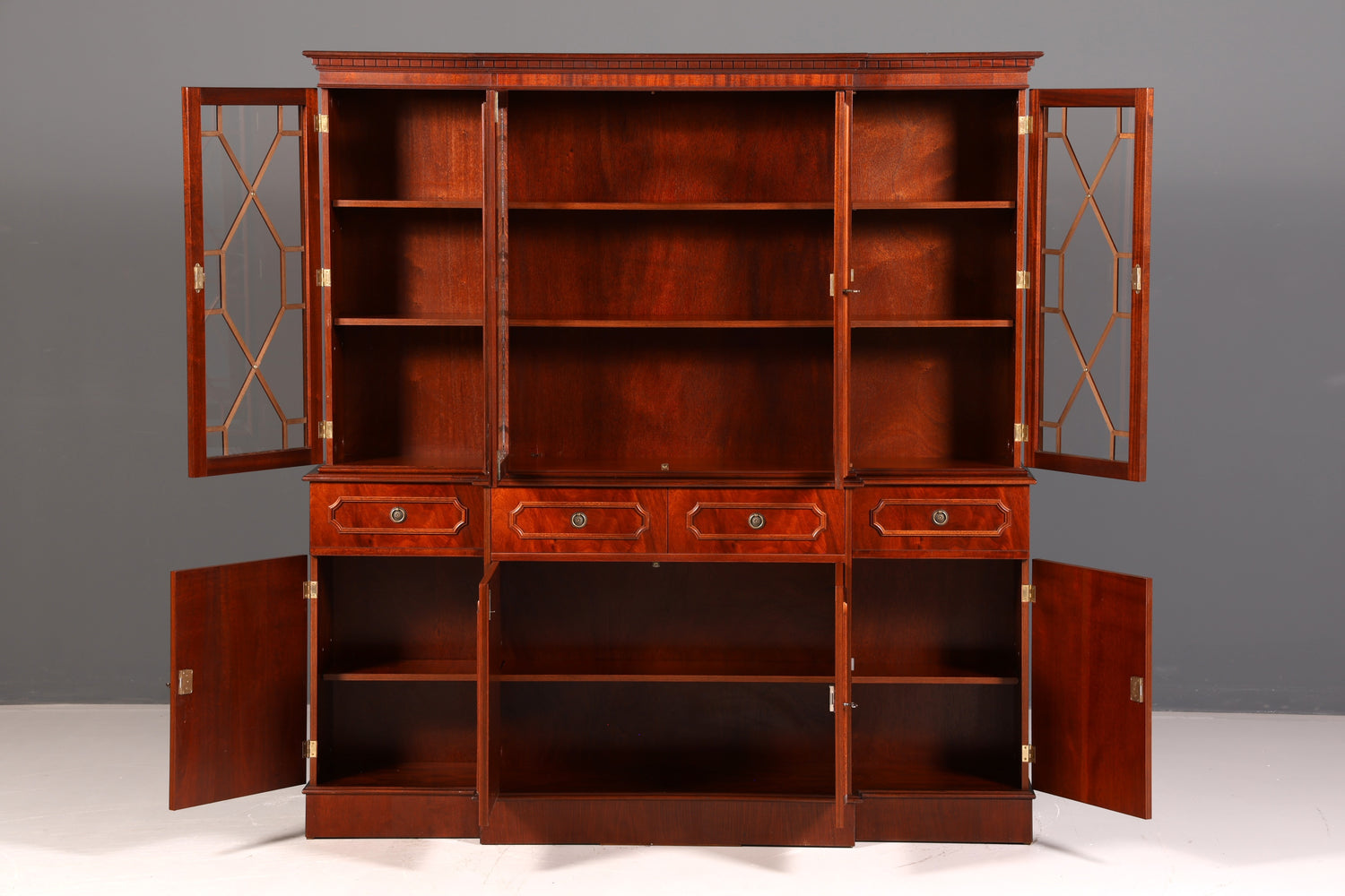 Impressionnante vitrine anglaise, bibliothèque, armoire à livres, vitrine en verre, buffet, armoire en bois véritable, antique et vintage