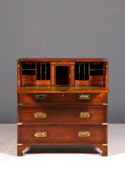 Magnifique secrétaire anglais maritime, commode-bureau avec sous-main en cuir véritable, bureau ancien vintage