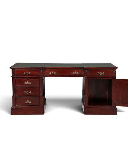 Hauptstadt Möblerei englischer Partner Desk aus Mahagoni mit grüner Lederauflage und Messingbeschlägen im Vintage-Stil