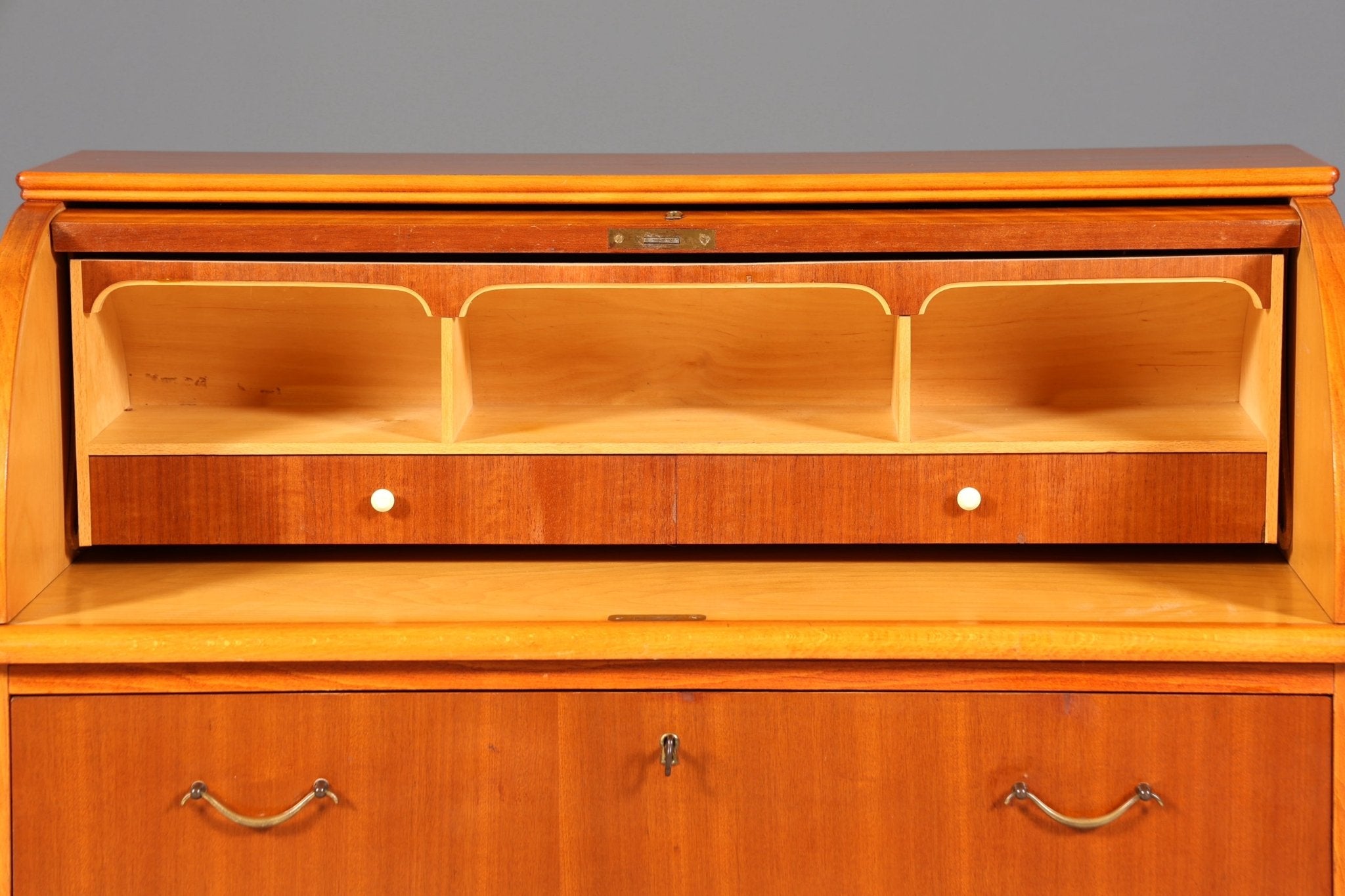 Schlichter Mid Century Rollladen Sekretär echt Holz Büro Schrank Vintage Schreibkommode